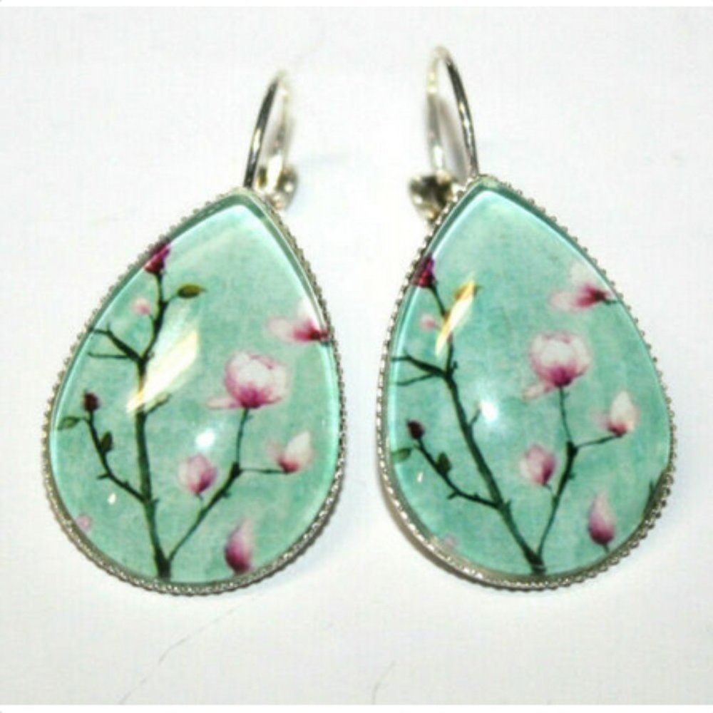 Fashion Earrings Pale Green Pink Flowers On Stems